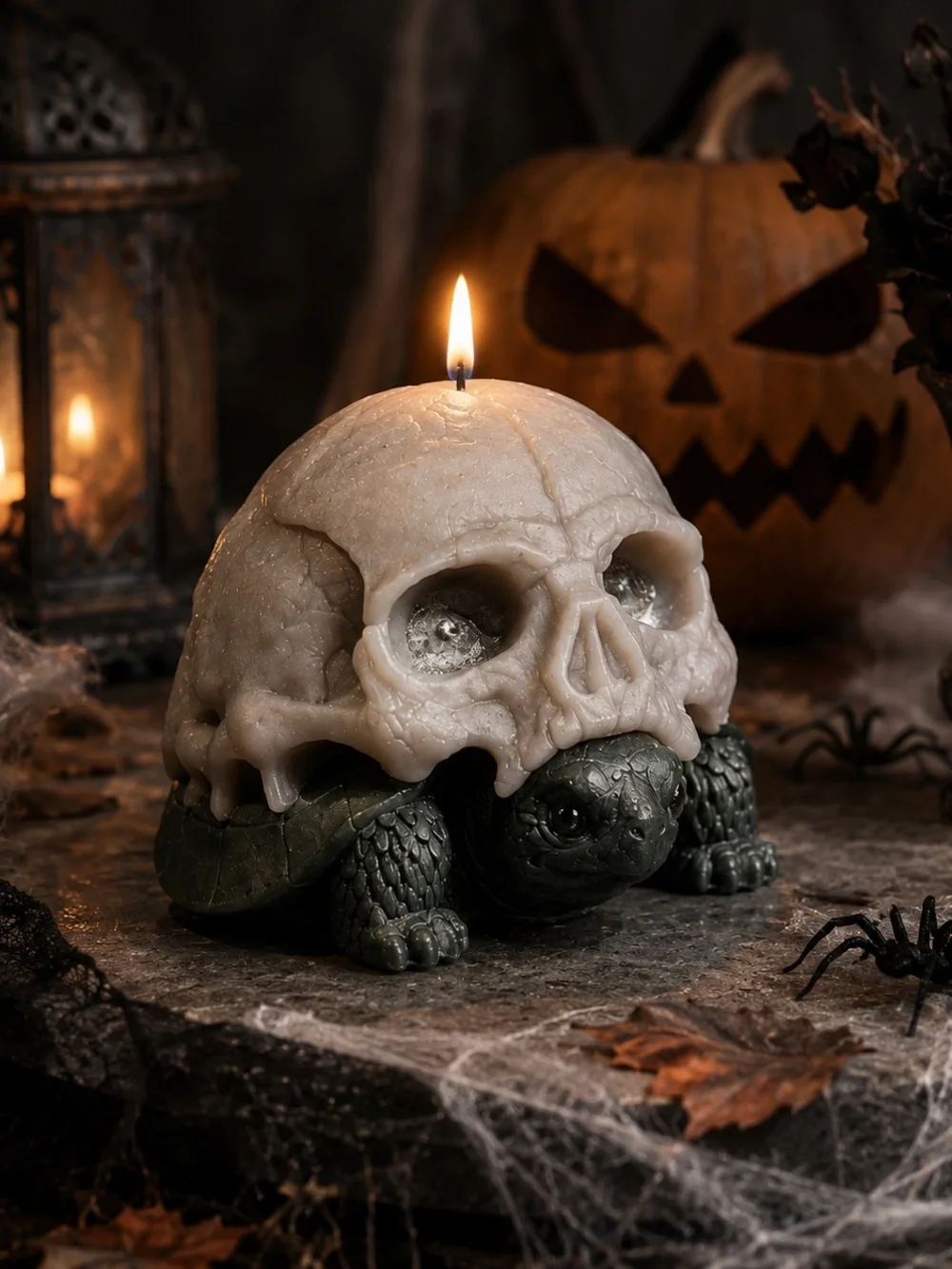 Set of 3 Halloween Skull Turtle Decorative Candle - Gray Green - Handmade